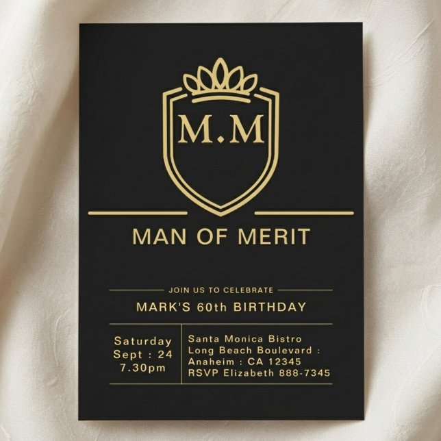 Fader 60-årsdag 60 år Svart Guld Fest Inbjudningar (father 60th birthday invite on cloth background.)