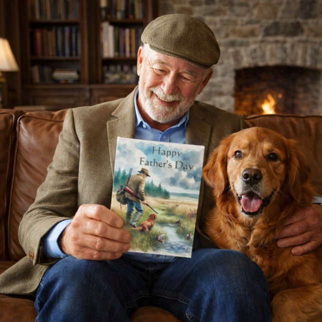 Fadersdags jaktkort till farfar kort (Heartfelt Father’s Day card scene happy grandpa, golden retriever, cozy luxury home vibe.)