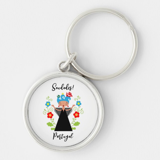 Fadokvinnans sångare med portugisiska fraktaser rund silverfärgad nyckelring (Framsidan)