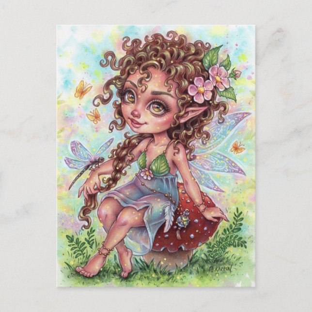 Fae Darling Postcard Fairy Mushroom Dragonfly Vykort (Framsida)