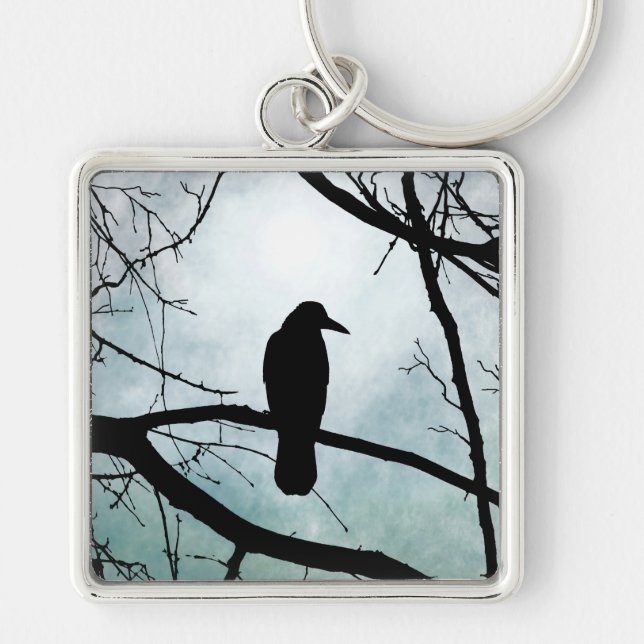 Fågel 77 Kråka Raven Fyrkantig Silverfärgad Nyckelring (Framsidan)