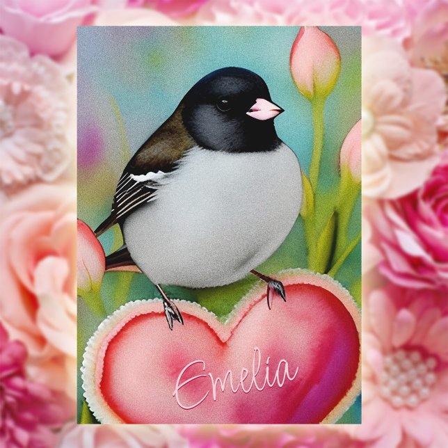Fågel Alla hjärtans dag Söt Junco Tulpan Trädgård  Helgkort (Personalized Junco Valentine card in vibrant tulip garden, whimsical watercolor charm.)