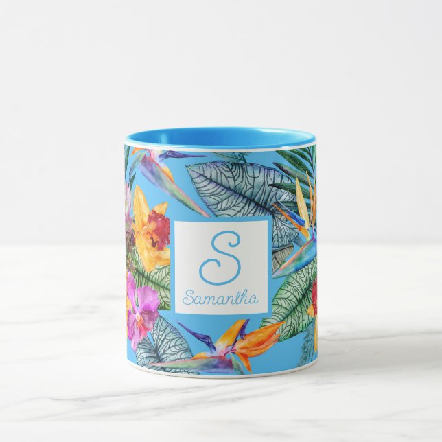 Fågel Av Paradis Och Orkidé Sommar Blå Mugg (Center)