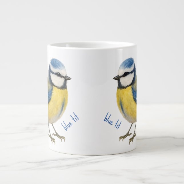Fågel Blåmes Mugg, Akvarell Trädgårdsfågel Konst Jumbo Mugg (Framsidan)