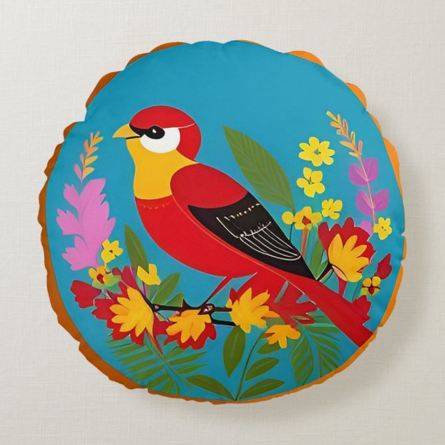 🌿 Fågel bland blommor Naturdekoration 🐦 Rund Kudde (Framsidan)