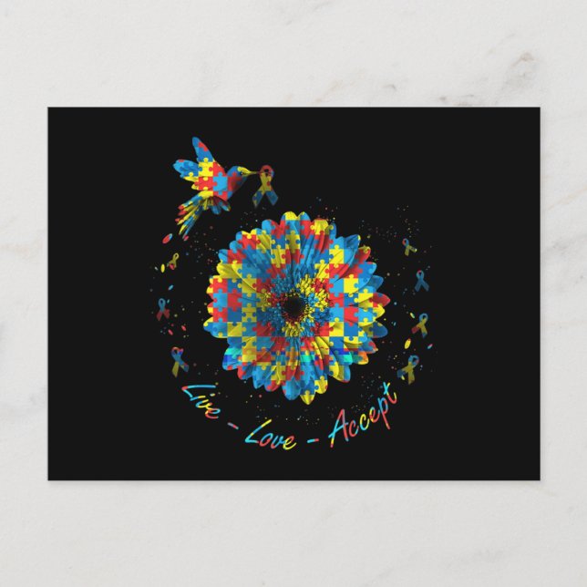 Fågel Blomma Band Pussel Lev Kärlek Acceptera Auti Vykort (Framsida)