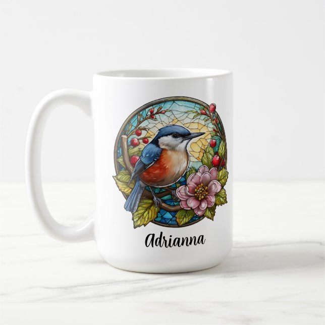 Fågel Blyskt Glas Blommor Bär Namn Kaffemugg (Vänster)
