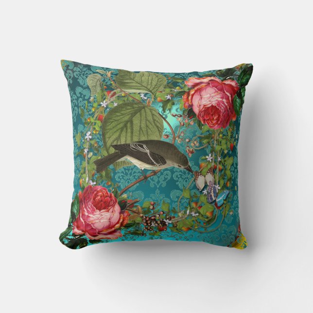 FÅGEL, BUTTERFLIES AQUA BLUE, ROSA ROS, TEAL DAMAS KUDDE (Framsida)