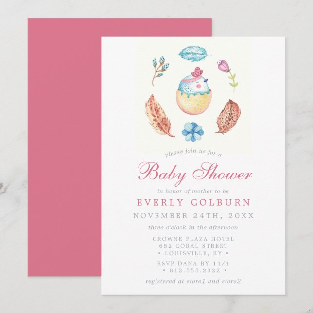 Fågel Chick Boho Akvarell Flick Baby Shower Inbjudningar (Fram/baksida)