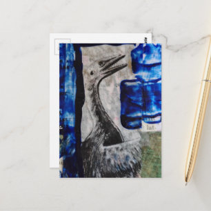 Fågel Dinosaurie med Blå Färg Mixed Media Collage Vykort