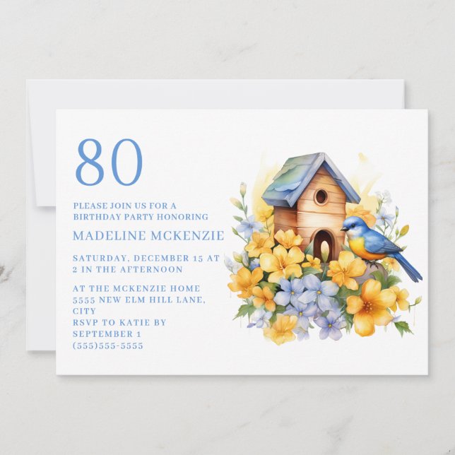 Fågel Fågelholk Blå Gula Blommor 80-årsdag Inbjudningar (Framsida)