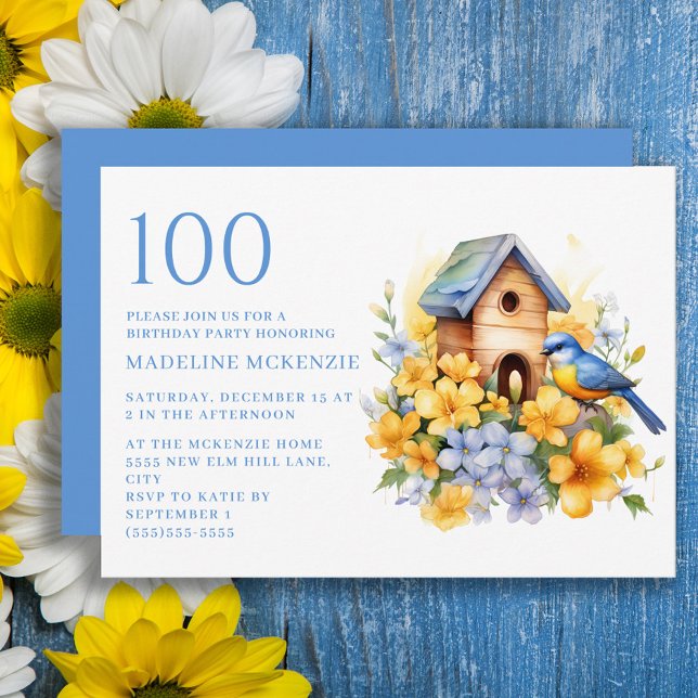 Fågel Fågelhus Blå Gula Blommor 100-årsdag Inbjudningar (Yellow and blue flowers, blue bird and birdhouse 100th birthday party invitation)