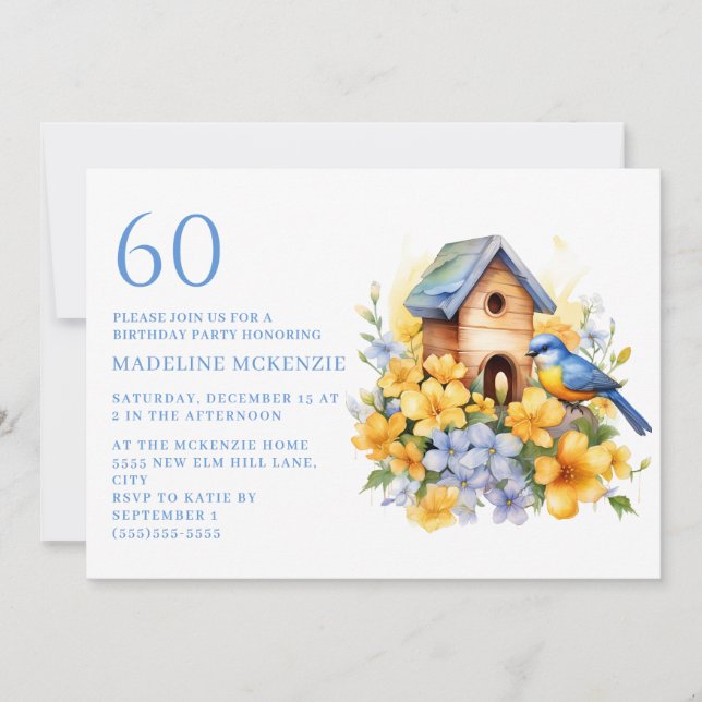 Fågel Fågelhus Blå Gula Blommor 60-årsdag Inbjudningar (Framsida)