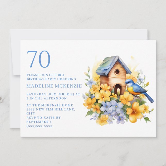 Fågel Fågelhus Blå Gula Blommor 70-årsdag Inbjudningar (Framsida)