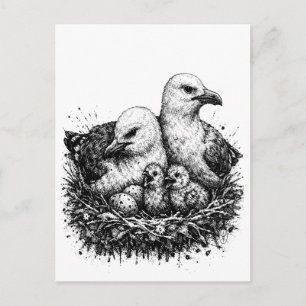 Fågel Familj Bo – Mythiskt bläck Illustration Vykort