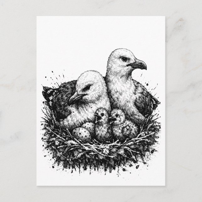 Fågel Familj Bo – Mythiskt bläck Illustration Vykort (Framsida)