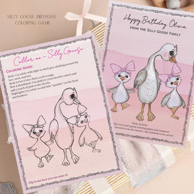 Fågel Födelsedagsfärgningsspel Rosa Band Kort (Silly Goose Birthday Coloring Game Pink Bow Card)