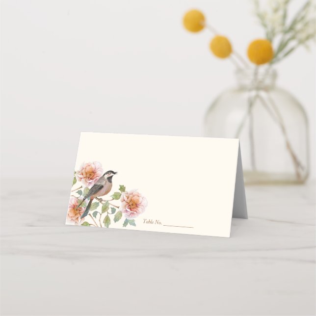 Fågel i blommor bröllop placeringskort (Framsida)