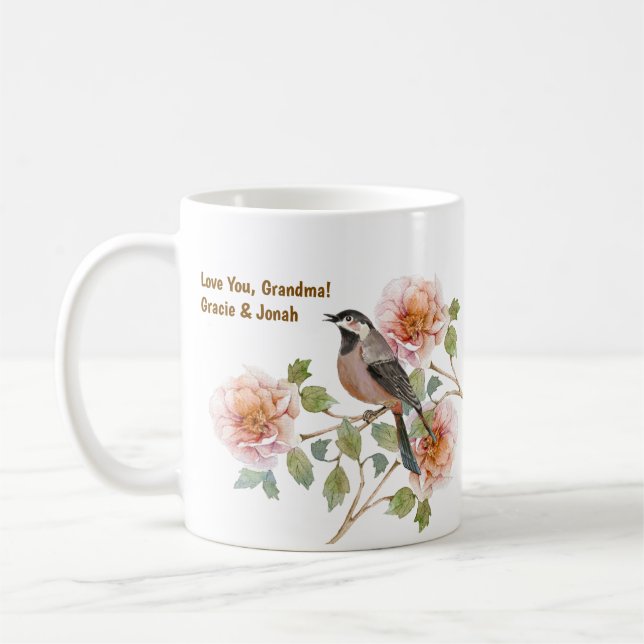 Fågel i blommor och foto kaffemugg (Vänster)