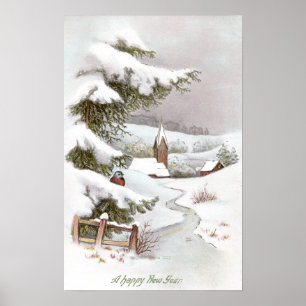 Fågel i den snöig vinterplatsen för det nya året poster