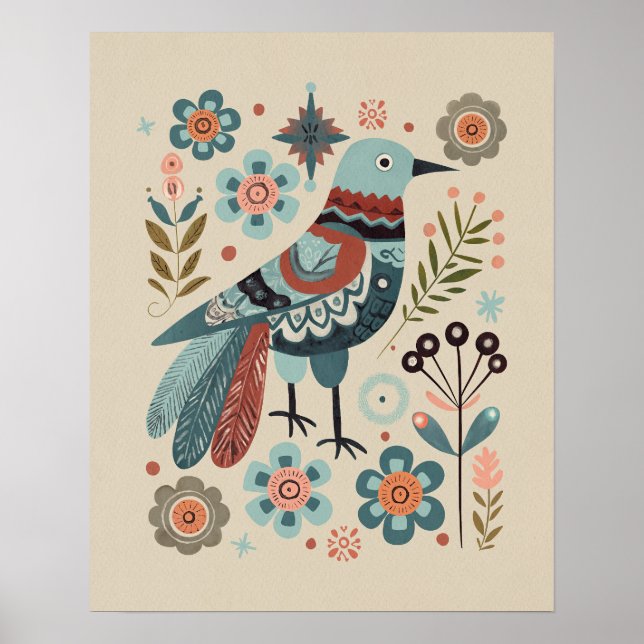 Fågel i Forest - Cuckoo in Bloom Folk Art Poster (Framsidan)