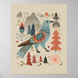 Fågel i Forest - Cuckoo in Bloom Folk Art Poster
