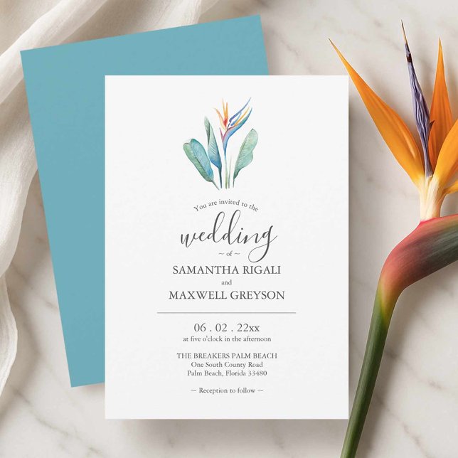 Fågel i Paradiset Vattenfärg Bröllopsinbjudan Inbjudningar (Wedding invitations cards watercolor tropical bird of paradise art by Victoria Grigaliunas)
