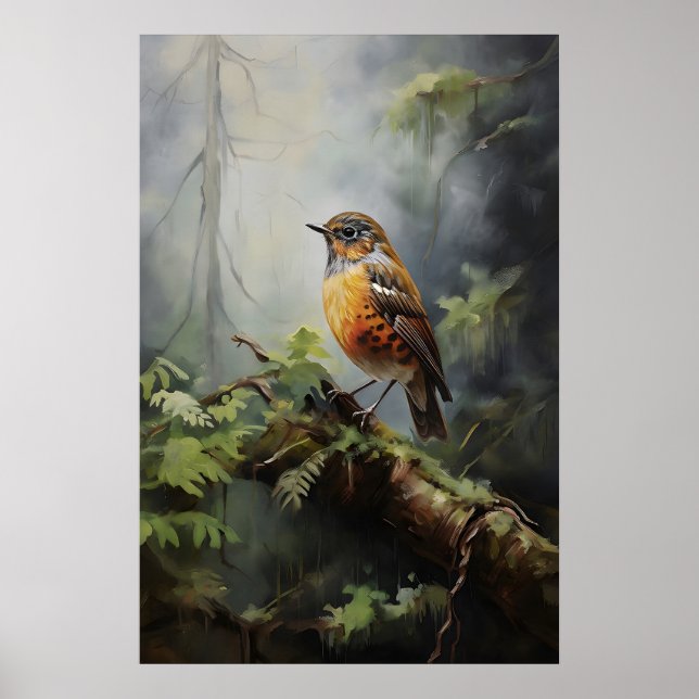 Fågel i skogsväggskryck, fågel rustic, botanisk poster (Framsidan)