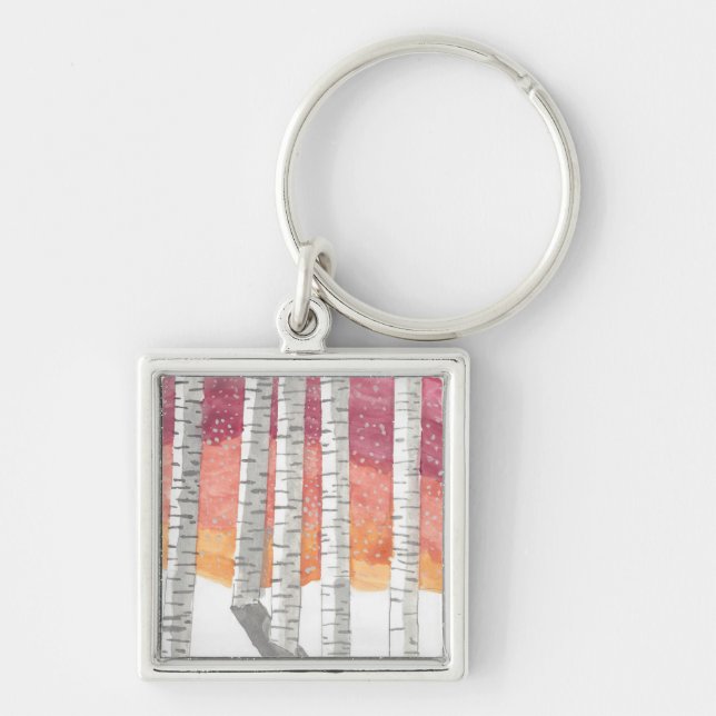 Fågel i Snö Fyrkantig Silverfärgad Nyckelring (Framsidan)