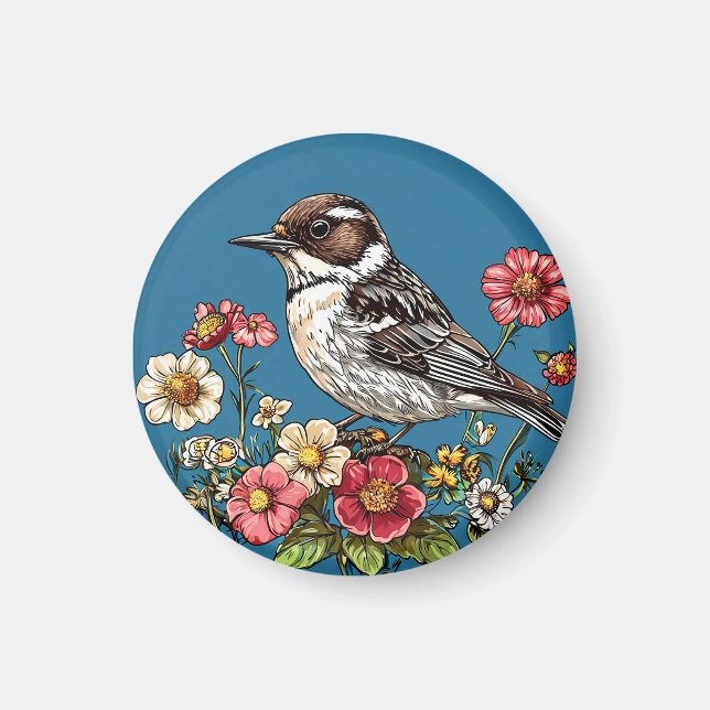 Fågel inramad av livfulla blommor magnet (Framsidan)