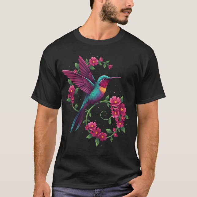Fågel Juveltonad Kolibri Blommig T Shirt (Framsida)