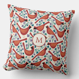 Fågel Kardinal Blå Violett Blomma Monogram Kudde