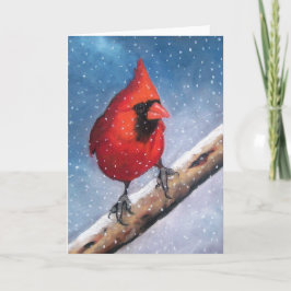 FÅGEL: KARDINAL: SNÖ: OLJEPASTEL ART HELGKORT