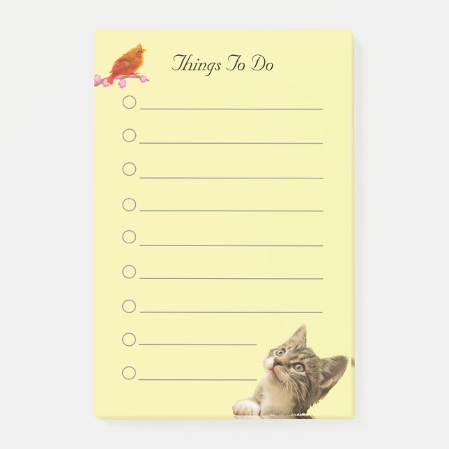Fågel & katt på gula saker att göra  post-it block (Framsida)