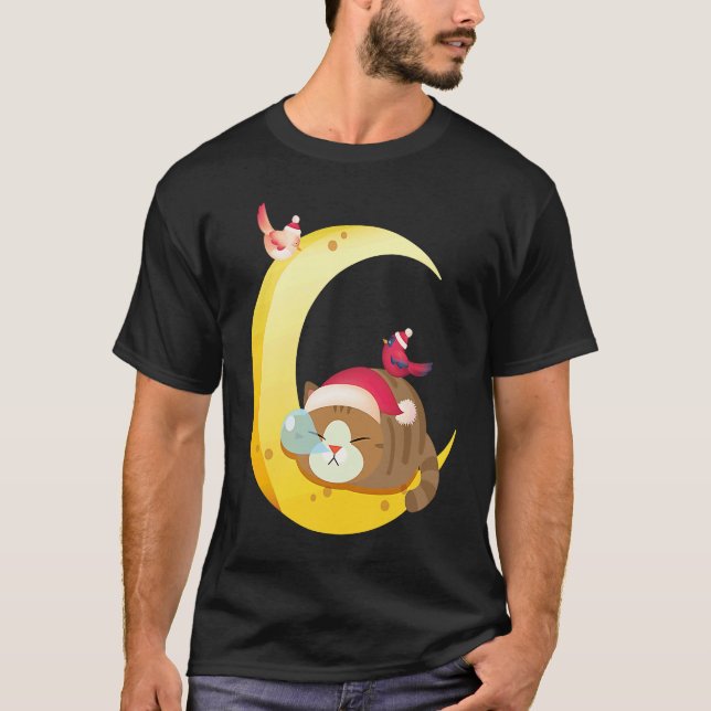Fågel Månad Sövande Kattunge Katt Helgdag T Shirt (Framsida)