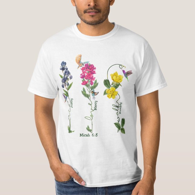 Fågel med blomstrande rättvisa, Kärlek Mercy och W T Shirt (Framsida)
