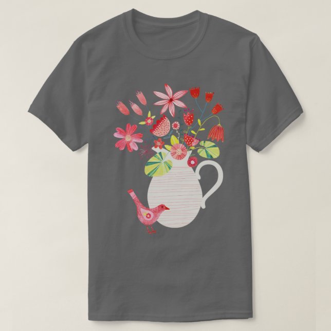 Fågel med jug av blommor t shirt (Design framsida)