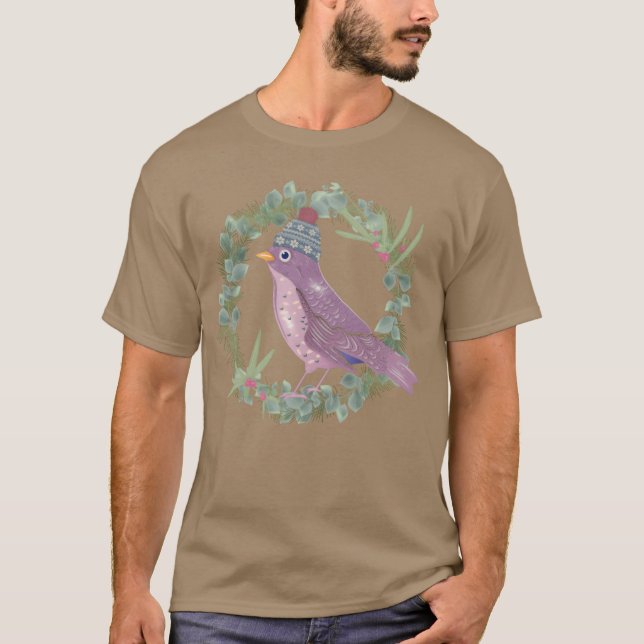 Fågel med mistletoe eucalyptus i vinterhumörfrie t shirt (Framsida)