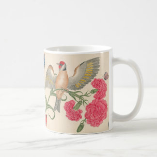 Fågel med rött huvud, nejlikor och fjärilar kaffemugg
