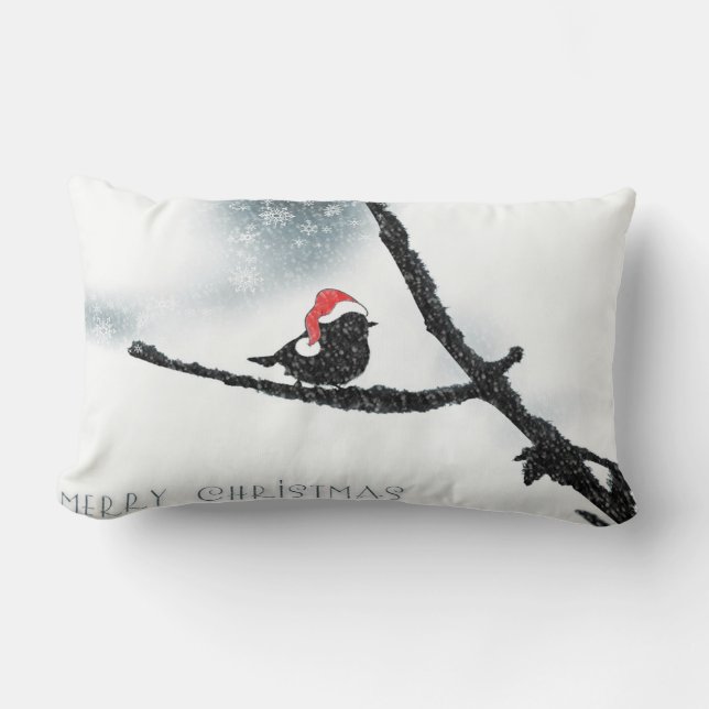 Fågel med tomteluva, God Jul Lumbarkudde (Framsida)