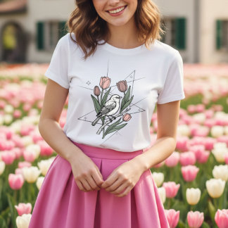 Fågel med Tulpanblomma Minimalistisk Blommig Botan T Shirt