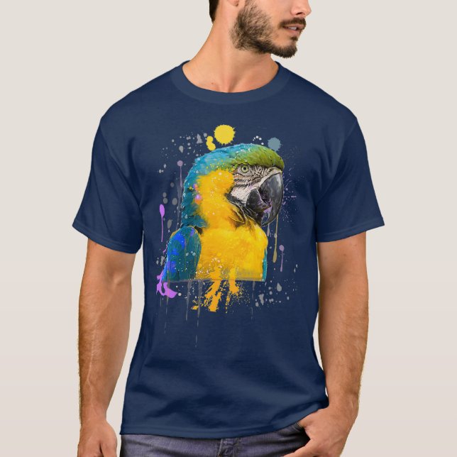 Fågel med undermålig vattenfärg Blue och Guld Maca T Shirt (Framsida)