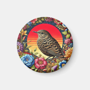Fågel Mitt Ibland Färggranna Blommor Magnet
