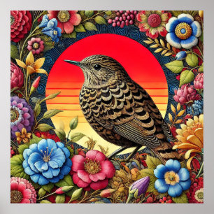 Fågel Mitt Ibland Färggranna Blommor Poster