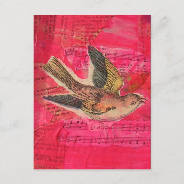 Fågel Mixed Media  Hetrosa Bakgrund Vykort (Framsida)