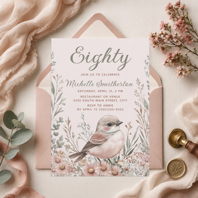 Fågel Neutral Brun Grön Blommig 80-årsdag Inbjudningar (80th birthday party invitation)