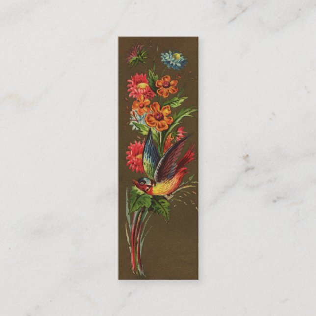 Fågel och blandad blommaVictorian Mini Visitkort (Framsida)