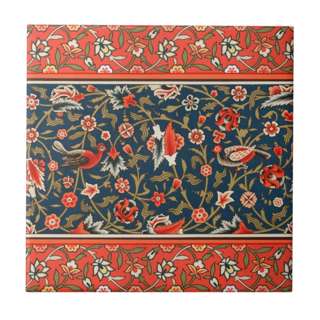 Fågel och blomma Persian Blue Mönster Kakelplatta (Framsidan)
