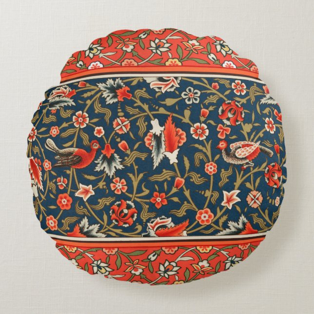 Fågel och blomma Persian Blue Mönster Rund Kudde (Framsidan)