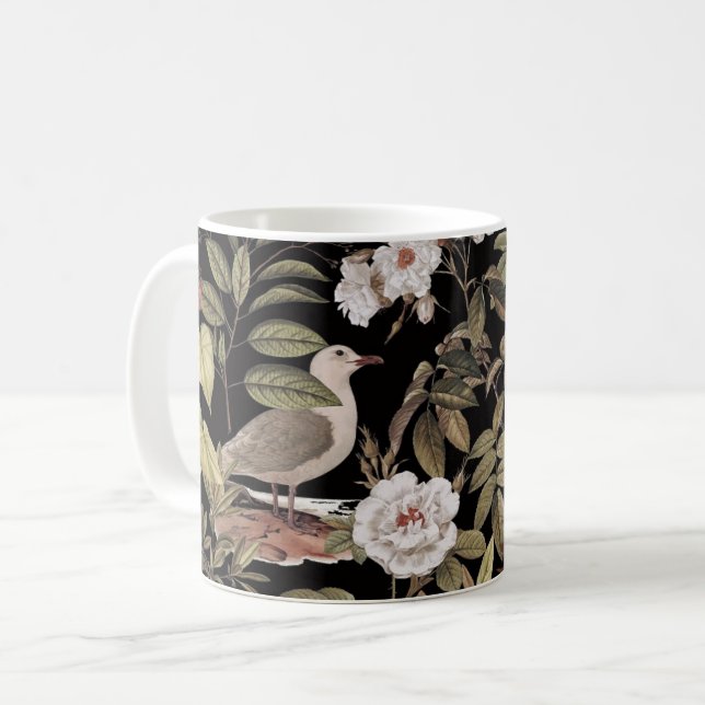 Fågel- och blommig vintage-mugg med tygdesign kaffemugg (Framsida vänster)